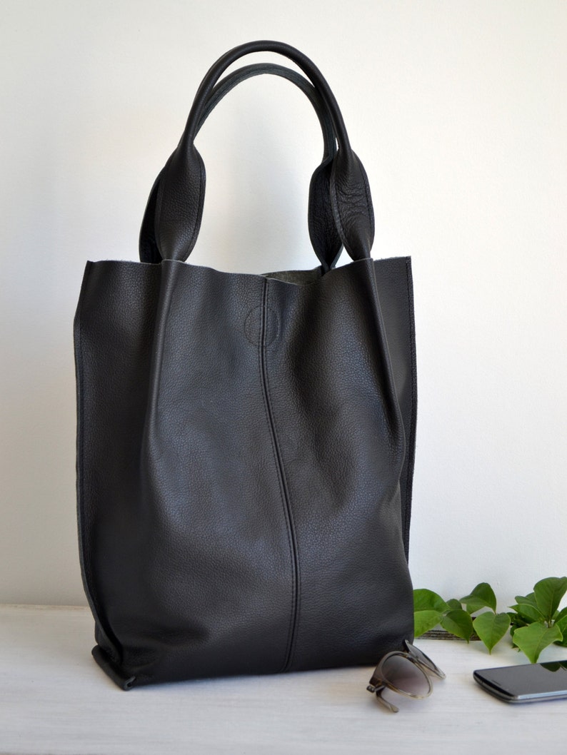 BLACK LEATHER TOTE Bag Large Tote Bag Italian Leather | Etsy