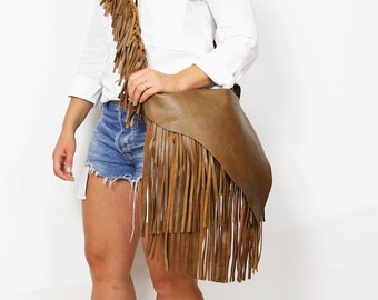 Brown Boho bag, Leather Crossbody Bag, Unique Leather Bag, Boho Leather Purse, Fringe bag, Cross body leather bag, western fringe purse