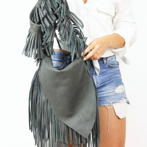 Grey Hobo Bag - Leather Cross Body Bag, Unique Leather Bag, Boho Bag, Fringe Leather Bag, Western Fringe Purse