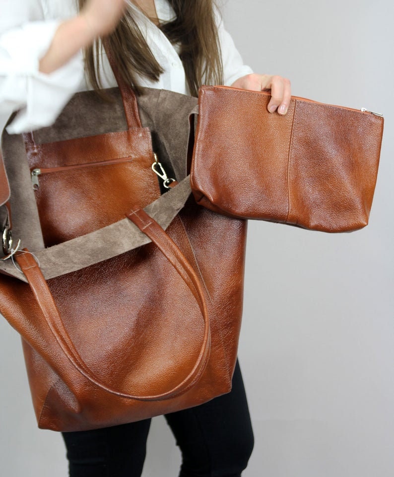 Brown Leather Handbag, Women Tote bag, Genuine Leather Tote, Large Tote Bag, Italian Leather Handbag, Slouchy Tote Bag, Soft Leather Bag image 4