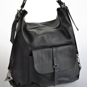 LEATHER BACKPACK PURSE Multi Way Rucksack Tote Bag Black Leather Shoulder Bag.