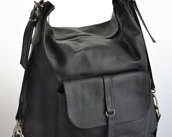 LEATHER BACKPACK PURSE Multi Way Rucksack Tote Bag Black Leather Shoulder Bag.