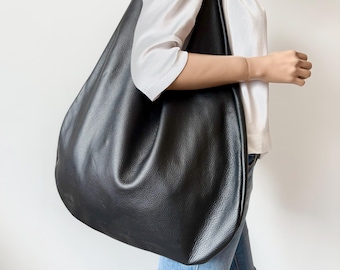 Oversized Black Leather Hobo Bag: Everyday Shoulder Bag