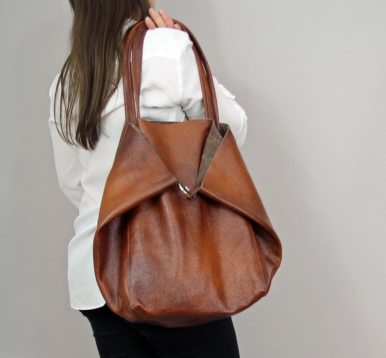 Brown Leather Handbag, Women Tote bag, Genuine Leather Tote, Large Tote Bag, Italian Leather Handbag, Slouchy Tote Bag, Soft Leather Bag image 3