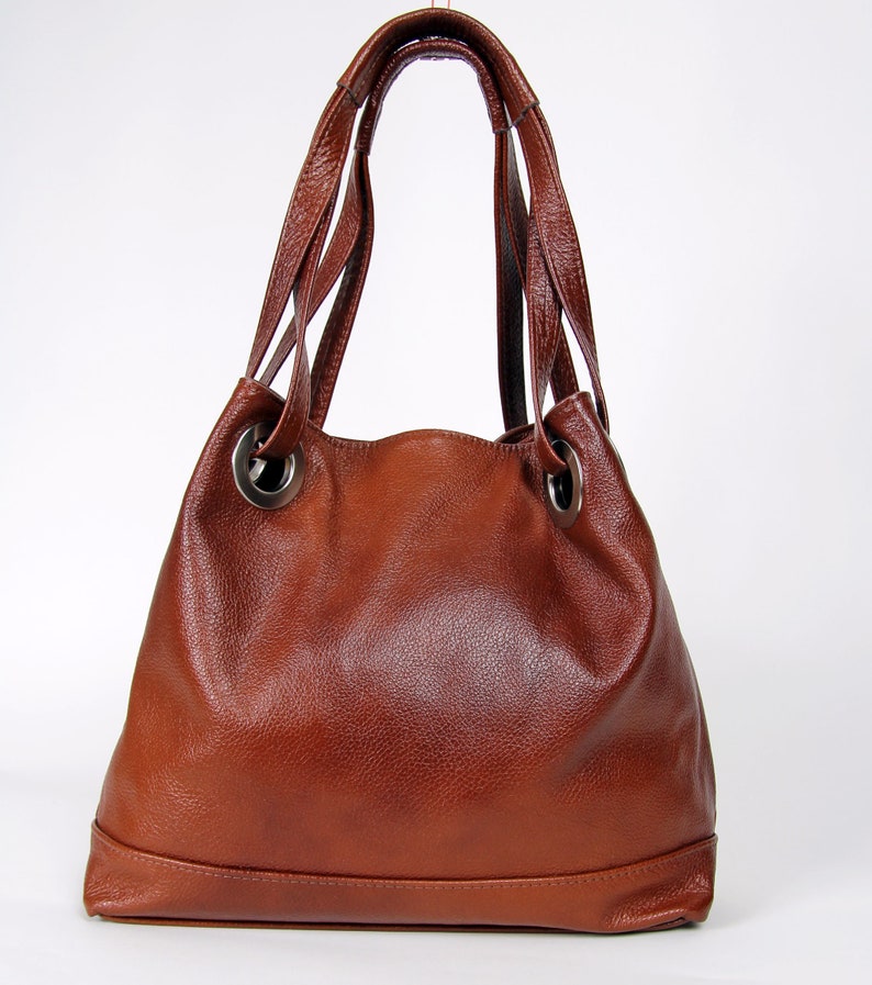 Brown leather Handbag Grained Cow Leather, Brown Purse, Cognac Brown Leather Purse with Zipper, Leather hobo bag, Large bag image 6