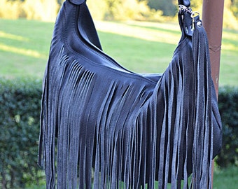 Black Leather Fringe Crossbody Bag: Big Bohemian Hobo with Zipper and Adjustable Strap