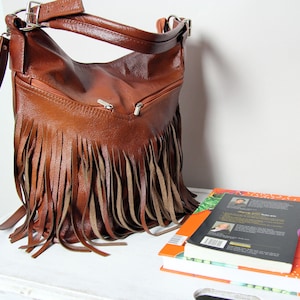 Boho Leather Fringe Crossbody Bag – Handmade Cognac Brown Leather Purse, Everyday Hobo Bag, Genuine Leather Shoulder Bag