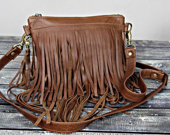 Western handmade fringe handbag, Distressed leather fringe crossbody purse, Bohemian bag, Women crossbody bag, Light shoulder bag