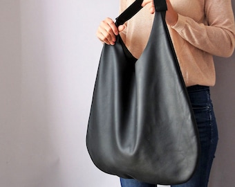 Oversized zwarte leren hobotas: alledaagse draagtas