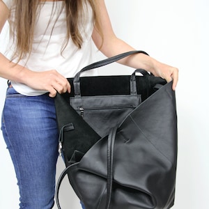 Black Leather Tote Bag: Oversized Shopper, Handmade in Poland