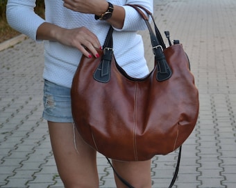 LEATHER PURSE, Brown Hobo bag, Cognac Leather tote bag,  Cross Body Leather Tote, Women's Shoulder Bag, Leather Market bag, Top Zip Handbag