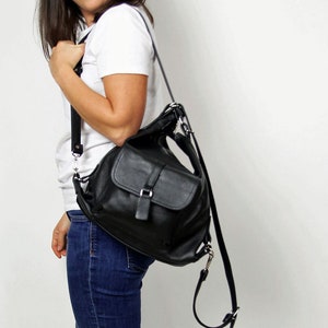 BLACK LEATHER BACKPACK Purse For Women - Convertible Multiway Rucksack Bag - Stylish Shoulder And Backpack Everyday Bag - Cowhide Leather