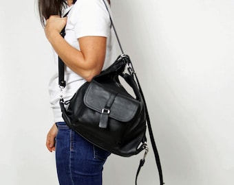 Black Leather Backpack Purse: Convertible Shoulder Bag