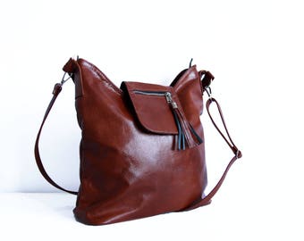 Leder Fransen-Tasche, Top-Reißverschluss-Handtasche, Schultertasche aus Leder, Leder Tasche, Tasche, große Ledertasche, Reißverschluss Geldbörse Cognac braune Ledertasche