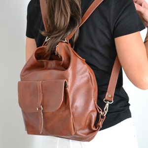 Cognac Brown Leather Backpack Purse: Multiway Rucksack Tote Bag