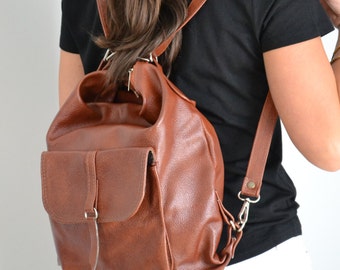 LEATHER Bag Leather BACKPACK Leather PURSE Multi Way Rucksack Tote Bag Cognac Brown Leather Shoulder Bag Hobo Bag Cross Body  Bag