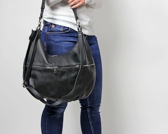 Black Leather Hobo Bag: Everyday Shoulder Crossbody with Multiple Pockets