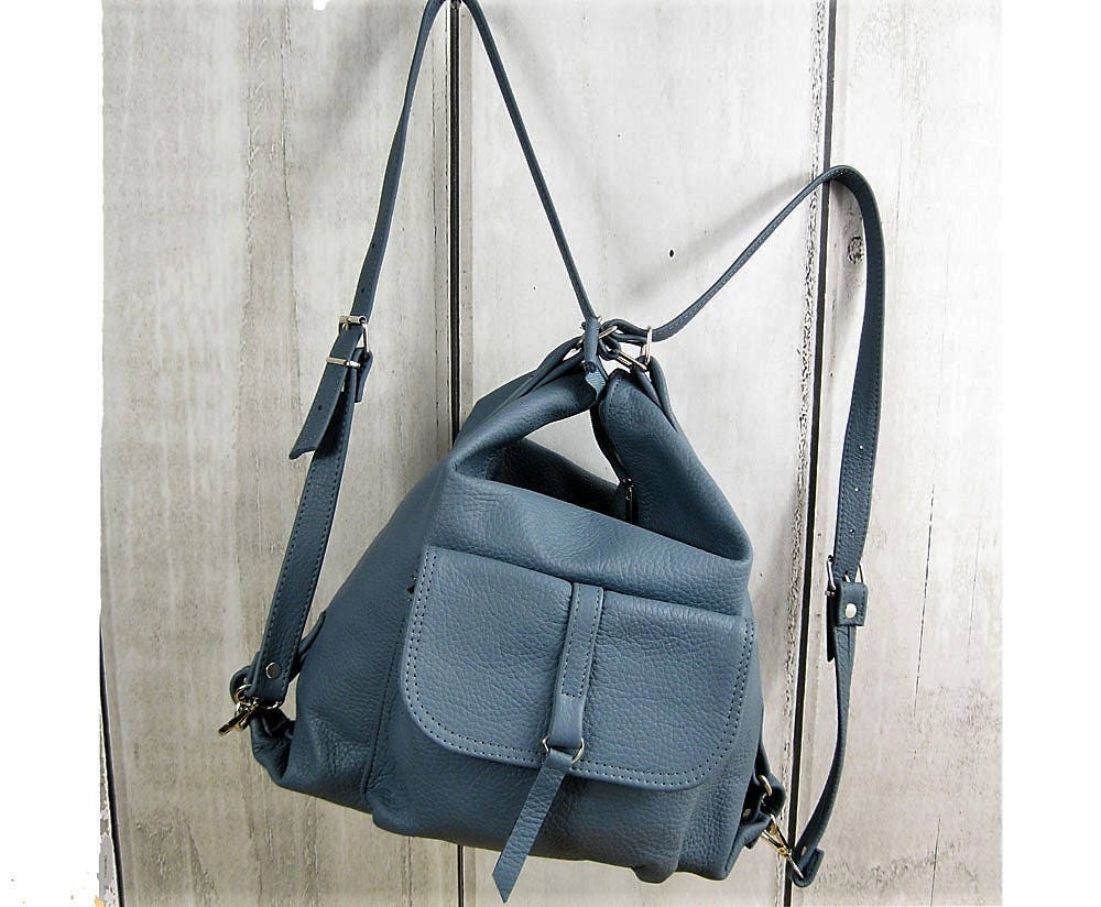 Blue Leather Backpack Purse: Convertible Shoulder Bag Tote  display picture 3