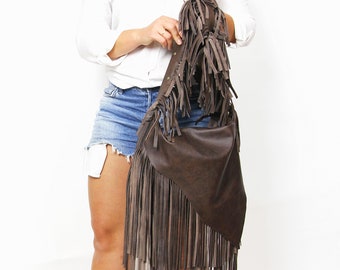 Chocolate Brown Boho bag, Leather Crossbody Bag, Unique Leather Bag, Boho Leather Purse, Fringe bag, Crossbody leather bag, western purse