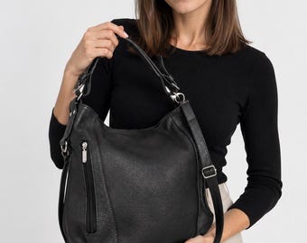 Black Leather Hobo Bag: Everyday Shoulder Bag with Adjustable Strap