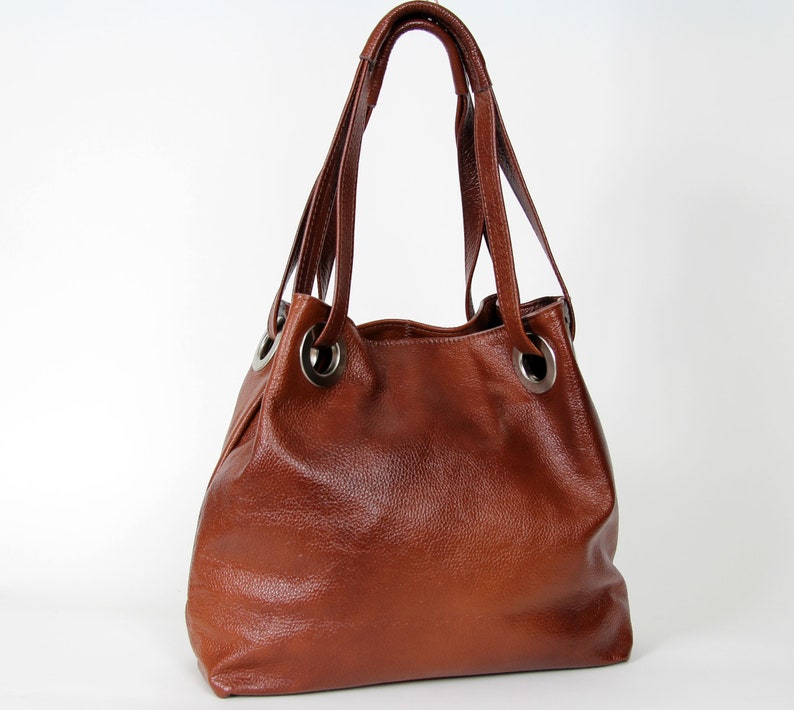 Brown leather Handbag Grained Cow Leather, Brown Purse, Cognac Brown Leather Purse with Zipper, Leather hobo bag, Large bag image 1