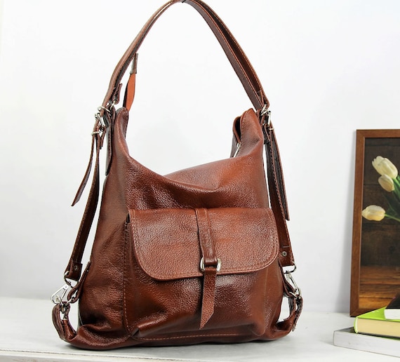 Cognac Brown Leather Convertible Backpack Purse with Pocket