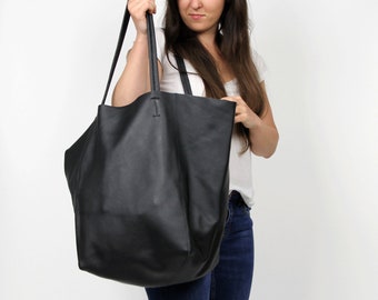 Black Large Leather bag, Black Tote, Oversized bag, Everyday shopper bag, Large tote bag, Everyday handbag for women, Soft Genuine Leather