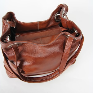 Brown leather Handbag Grained Cow Leather, Brown Purse, Cognac Brown Leather Purse with Zipper, Leather hobo bag, Large bag image 10