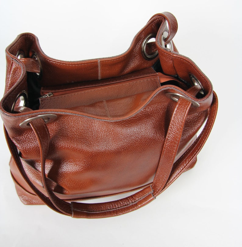 Brown leather Handbag Grained Cow Leather, Brown Purse, Cognac Brown Leather Purse with Zipper, Leather hobo bag, Large bag image 10