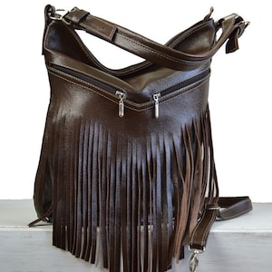 LEDER CROSSBODY BAG für Damen - Boho Fransen Hobo Geldbörse mit Reißverschluss und verstellbarem Riemen - Echtleder Alltags-Umhängetasche