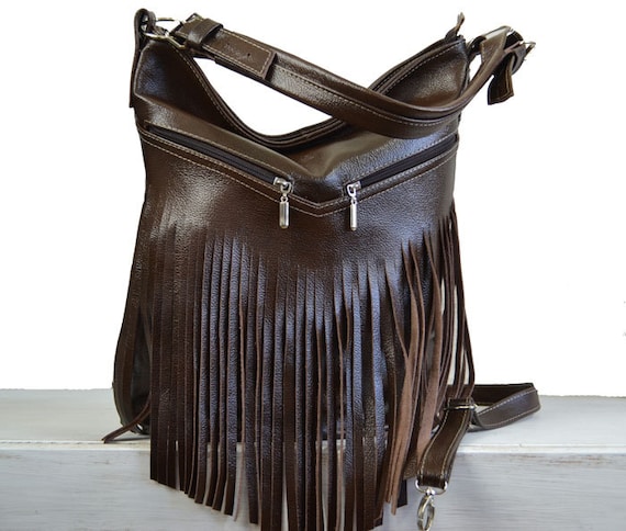 Boho Black Leather Fringe Crossbody Purse