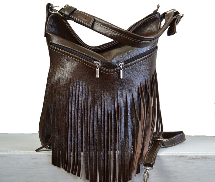 LEATHER FRINGE TOTE Bag Brown Hobo Bag Large Cross Body Bag Etsy