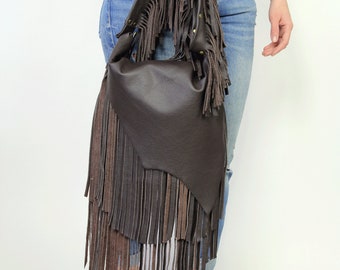 Brown Boho bag, Leather Crossbody Bag, Unique Leather Bag, Boho Leather Purse, Fringe bag, Crossbody leather bag, western fringe purse