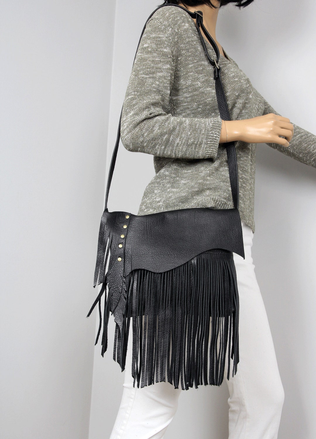 BLACK Leather Shoulder Bag, Handmade Fringe Handbag, Medium Crossbody ...