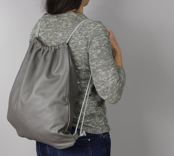 Dark Gray Italian Leather Backpack with Drawstring Closure Coach Drawstring Backpack | Faded Black Full Grain Italian  main image 3