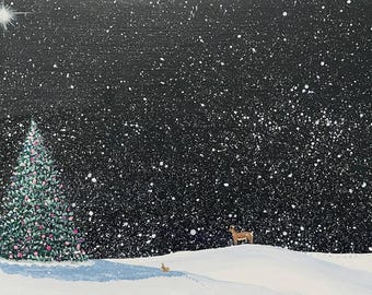 May include: A painting of a snow-covered landscape at night featuring a decorated Christmas tree with pink and white ornaments, a small deer standing on a snowy hill, and a bright star shining in the dark sky amidst falling white snowflakes.