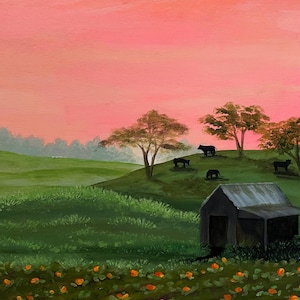 May include: A painting of a rural landscape with a pink sky, green hills, a small barn, and a few cows in silhouette.