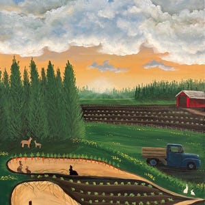 May include: A folk art painting depicts a farm scene with a blue truck, red barn, and fields of carrots and crops. Rabbits are scattered throughout the fields. The sky is a mix of blue, orange, and white, with fluffy clouds and tall green trees.