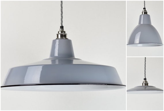 Dove Grey Enamel Vintage Factory Industrial Warehouse Style Light Lamp Shades 3 Shapes Dove Grey Enamel Vintage Factory Industrial Warehouse Style Light Lamp Shades 3 Shapes