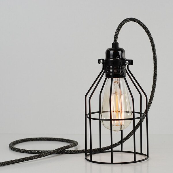 Pendentif noir Vintage industriel haut de gamme fil oiseau Cage Bureau côté lampe & ampoule à incandescence Edison