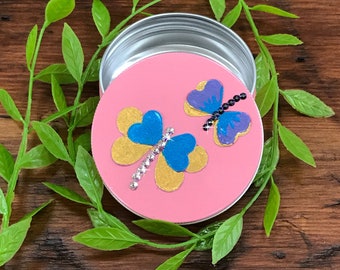 Earbud Case, Screw Top Tin, Small Round Tin, Decorative Tins, Butterfly, Hand-Painted, Butterflies, Stash box, Party Favors, Confetti Holder