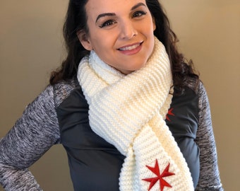White Knitted Scarf with Red Maltese Cross