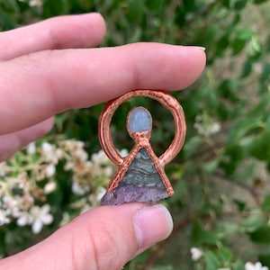 Amethyst triangle slice with rainbow moonstone accent and copper