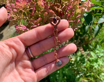 Copper key necklace with tourmaline and labradorite