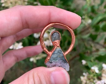 Amethyst triangle slice with labradorite and copper