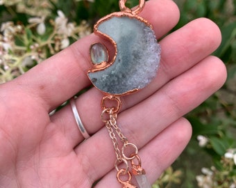 Amethyst moon slice accented with labradorite with quartz and labradorite dangles and copper