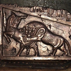 assyrian lion & Bull sculpture wall plaque tile persian ahura Bronzed