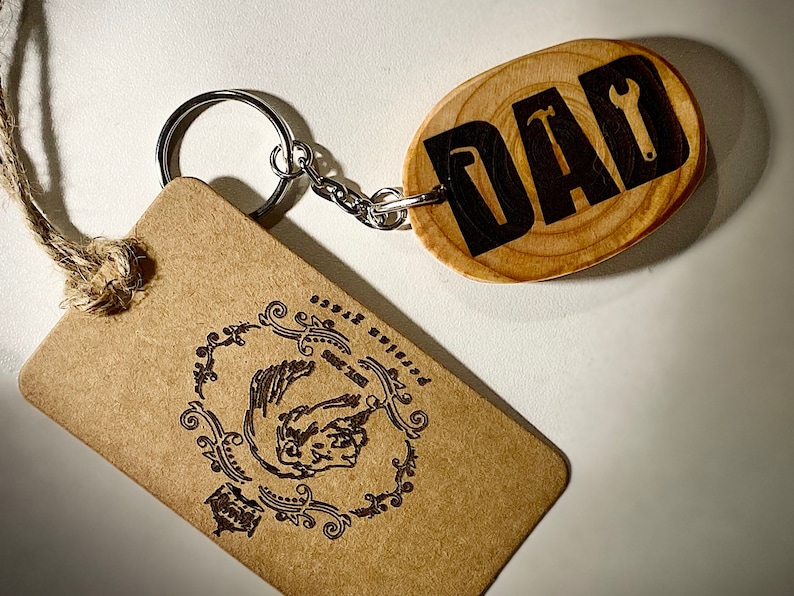 Beautiful natural wood personalised Father\u2019s Day dad tools garage car keyring key fob gift present
