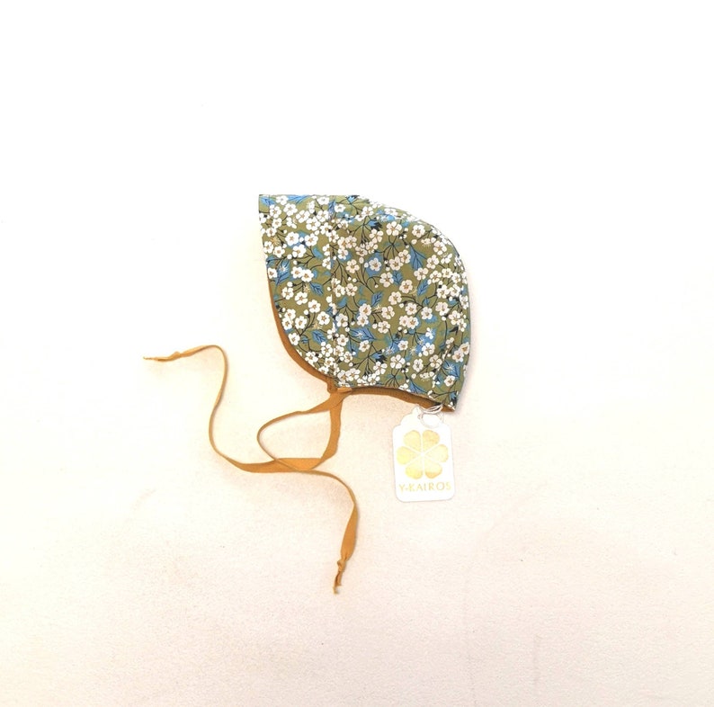 SOLD OUT Sun bonnet, Liberty bonnet, sun hat, reversible bonnet, baby hat, newborn sunhat, green bonnet, heirloom, mustard, size 0-3 months image 5