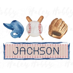 May include: A watercolour illustration of baseball equipment: a blue helmet, a baseball with crossed bats, and a brown glove. The name "JACKSON" is displayed on a striped banner in navy blue.